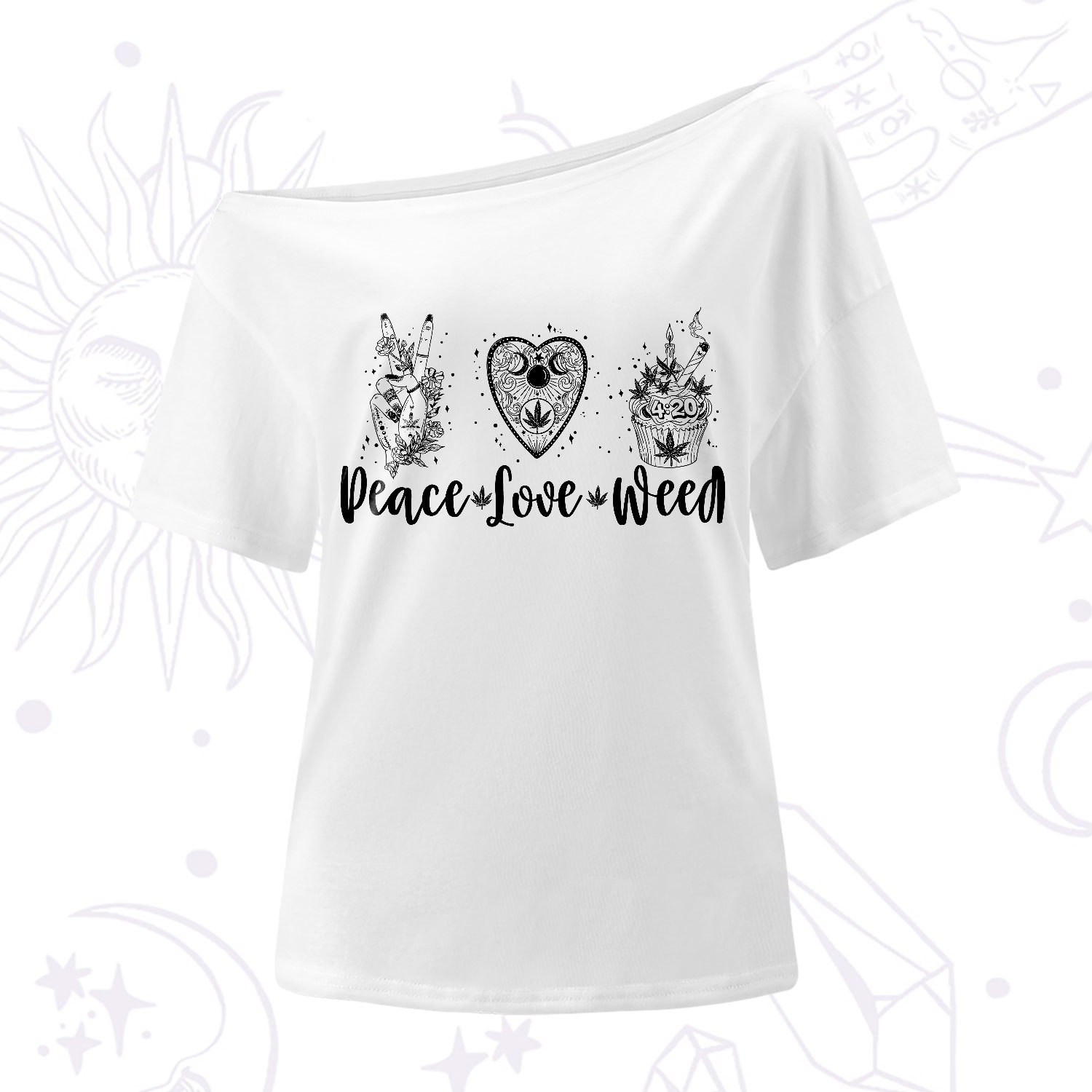 Purplehecate Peace Love Weed One-Shoulder T-Shirt