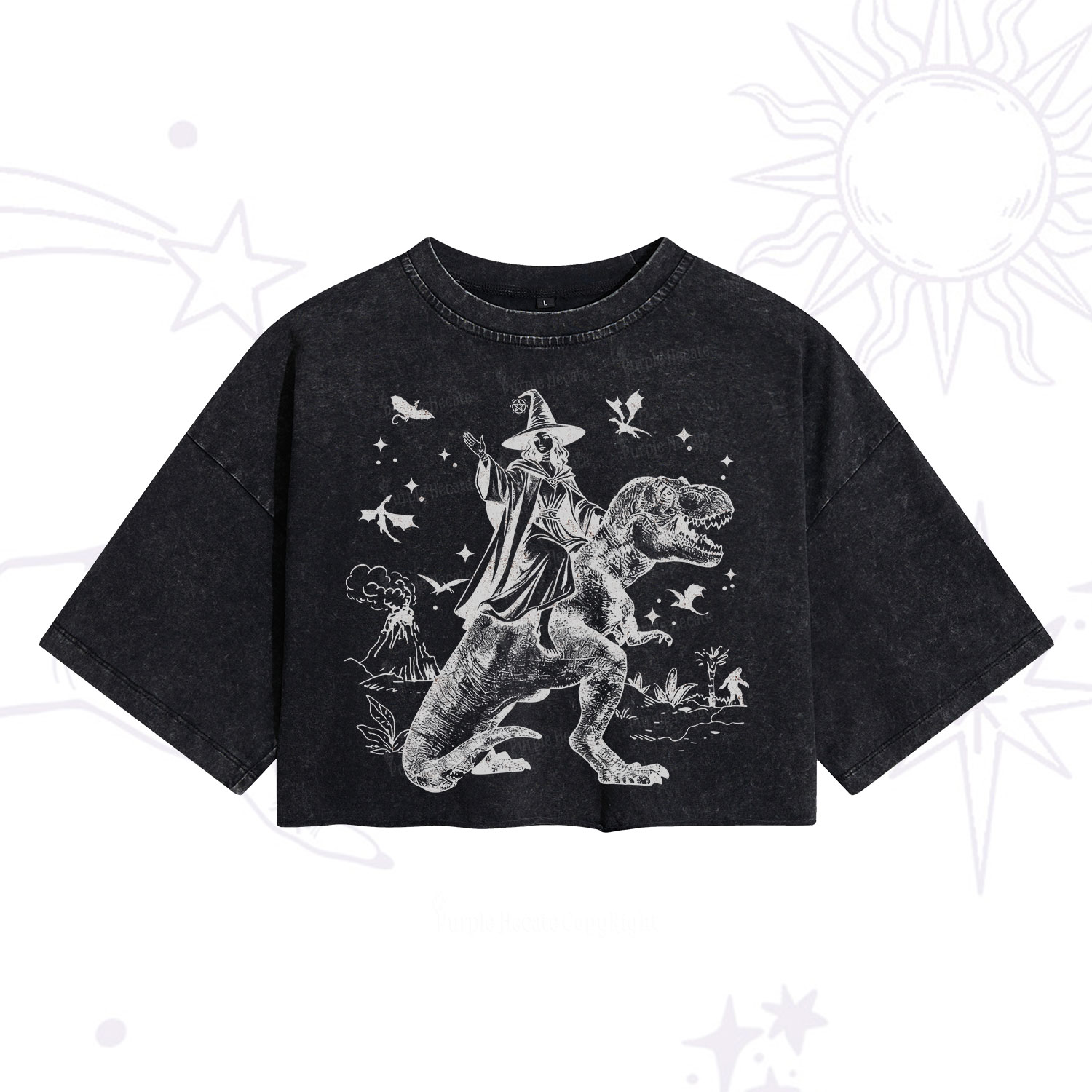 Purplehecate Witch Riding Dino Washed Cropped T-Shirt