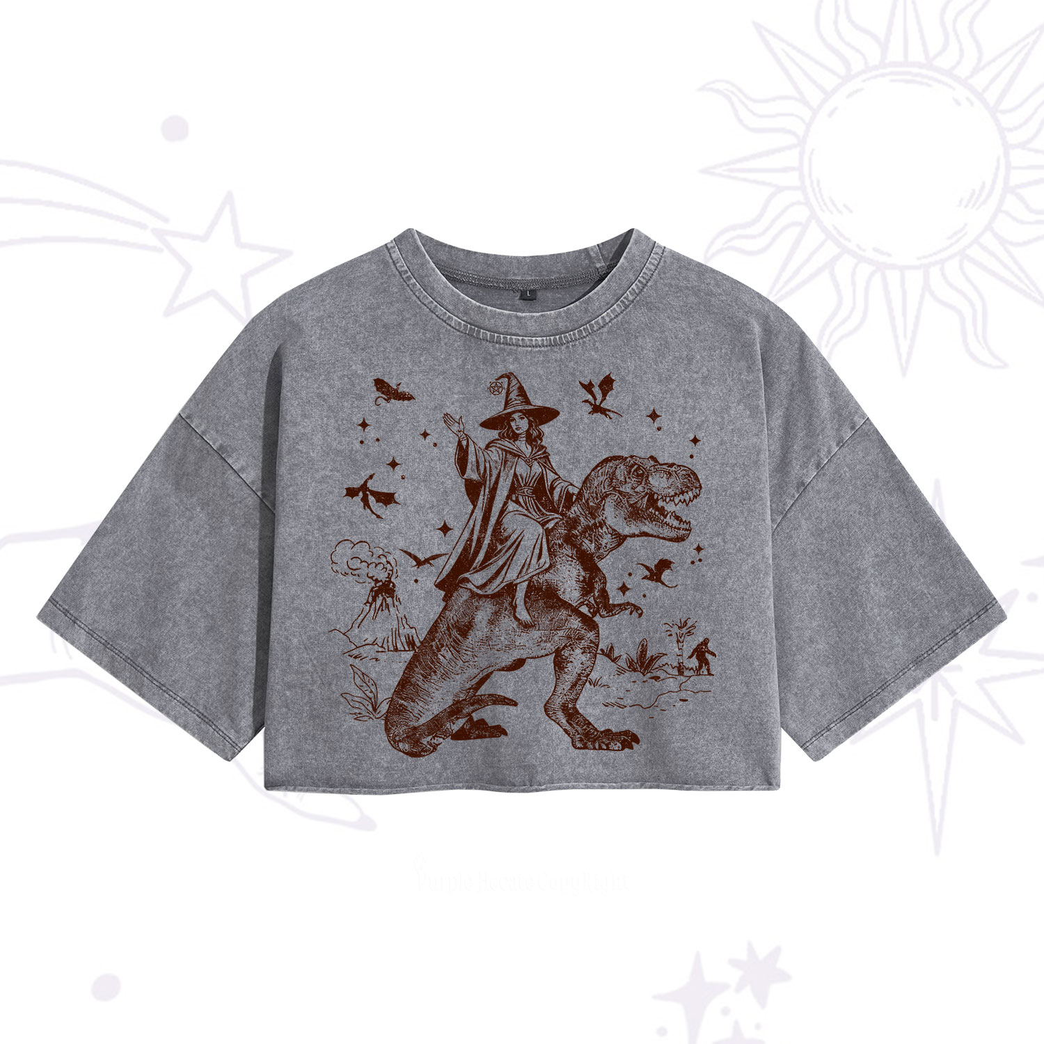 Purplehecate Witch Riding Dino Washed Cropped T-Shirt