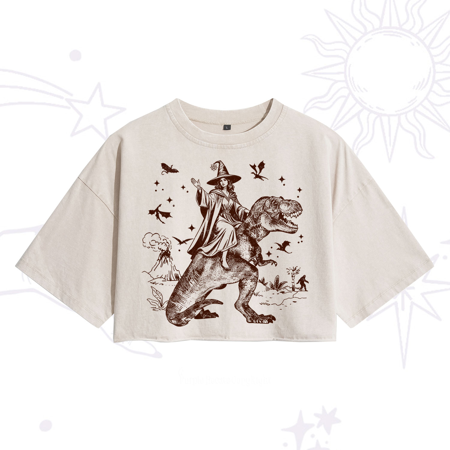 Purplehecate Witch Riding Dino Washed Cropped T-Shirt