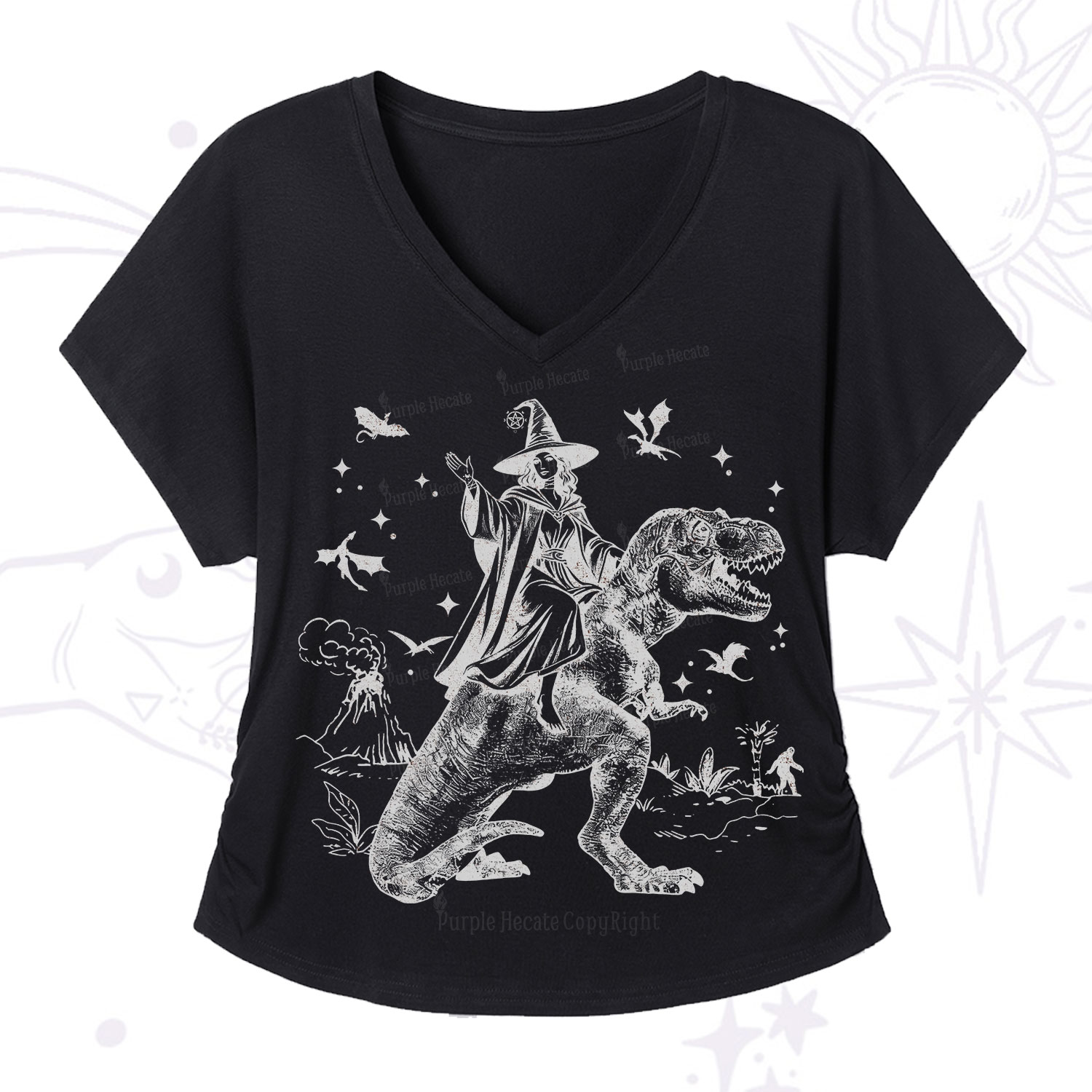 Purplehecate Witch Riding Dino V-Neck T-Shirt