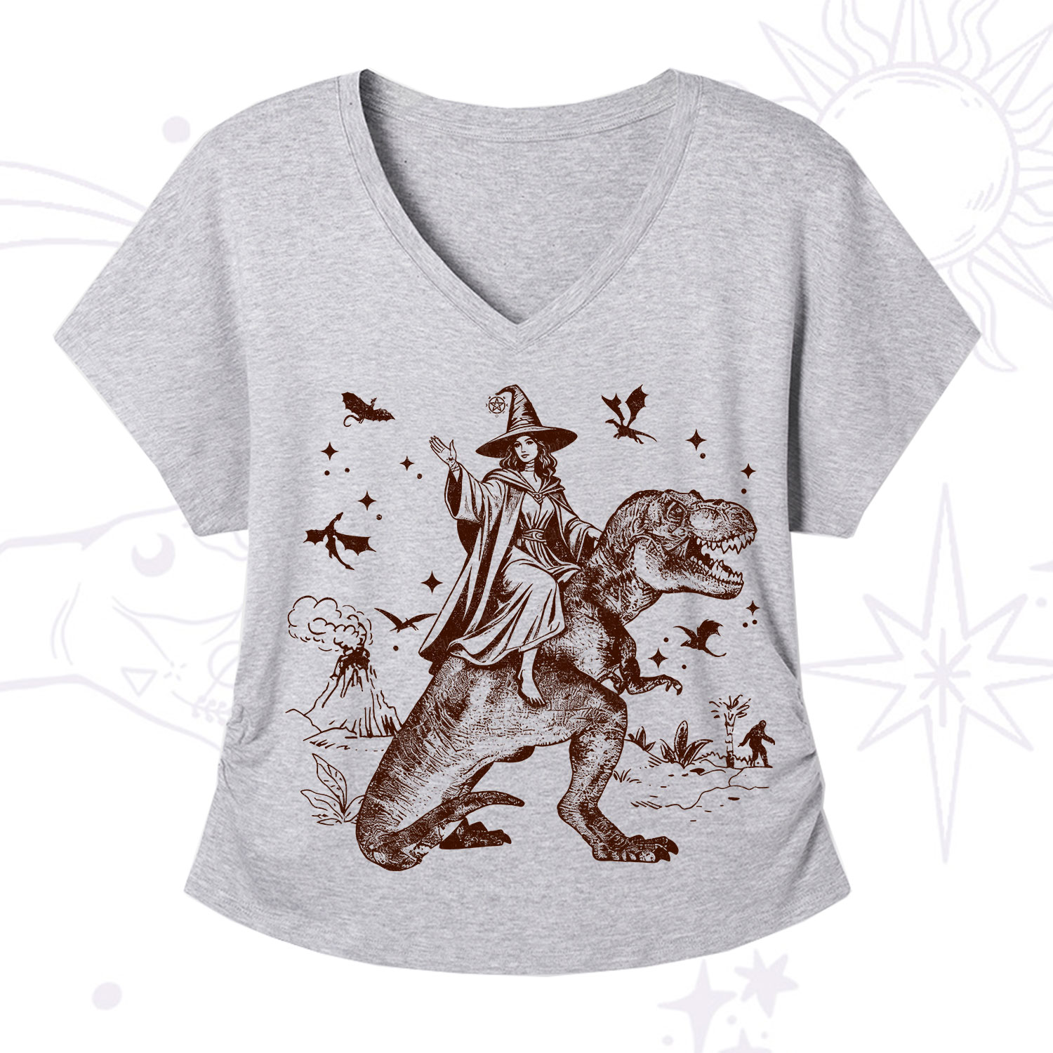 Purplehecate Witch Riding Dino V-Neck T-Shirt