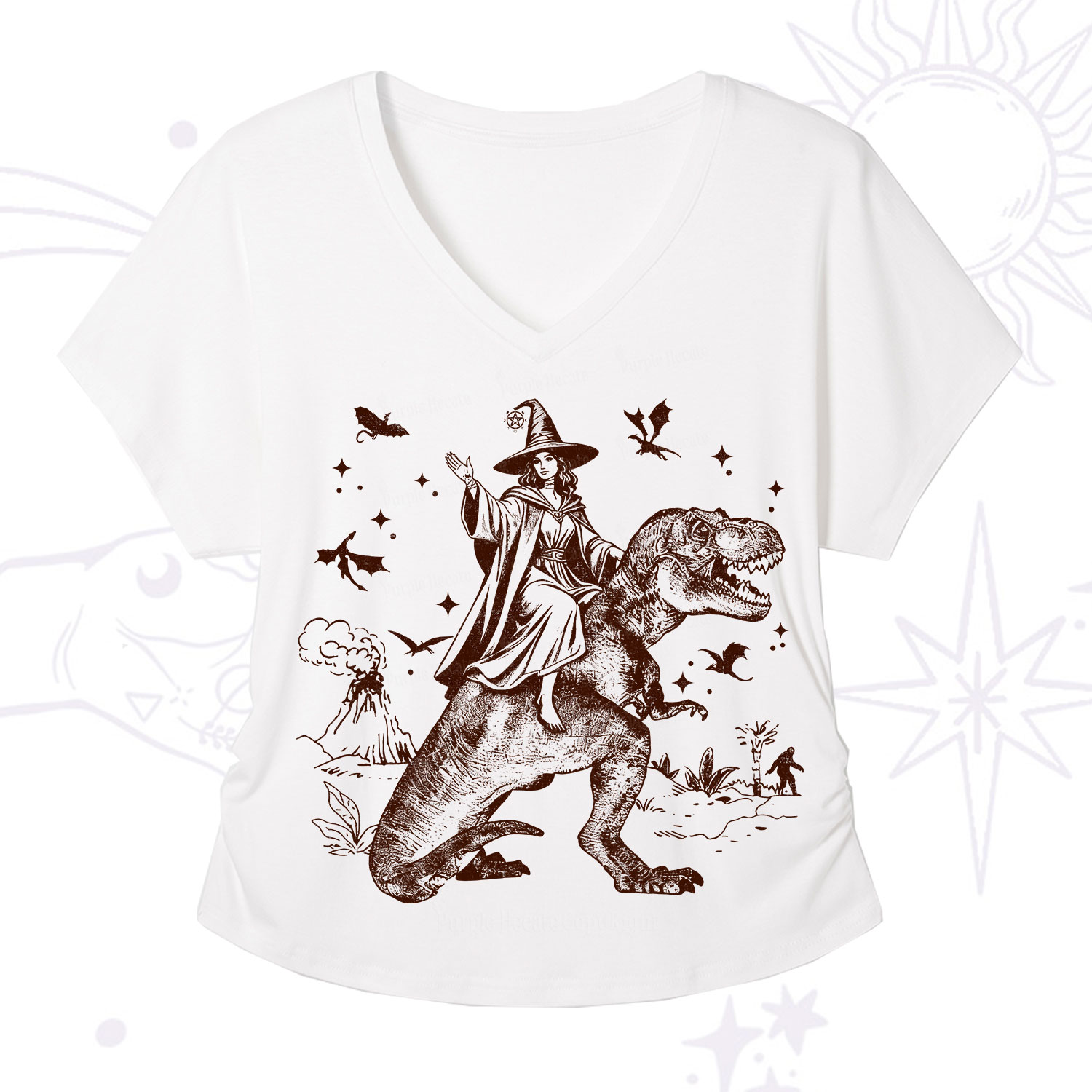 Purplehecate Witch Riding Dino V-Neck T-Shirt