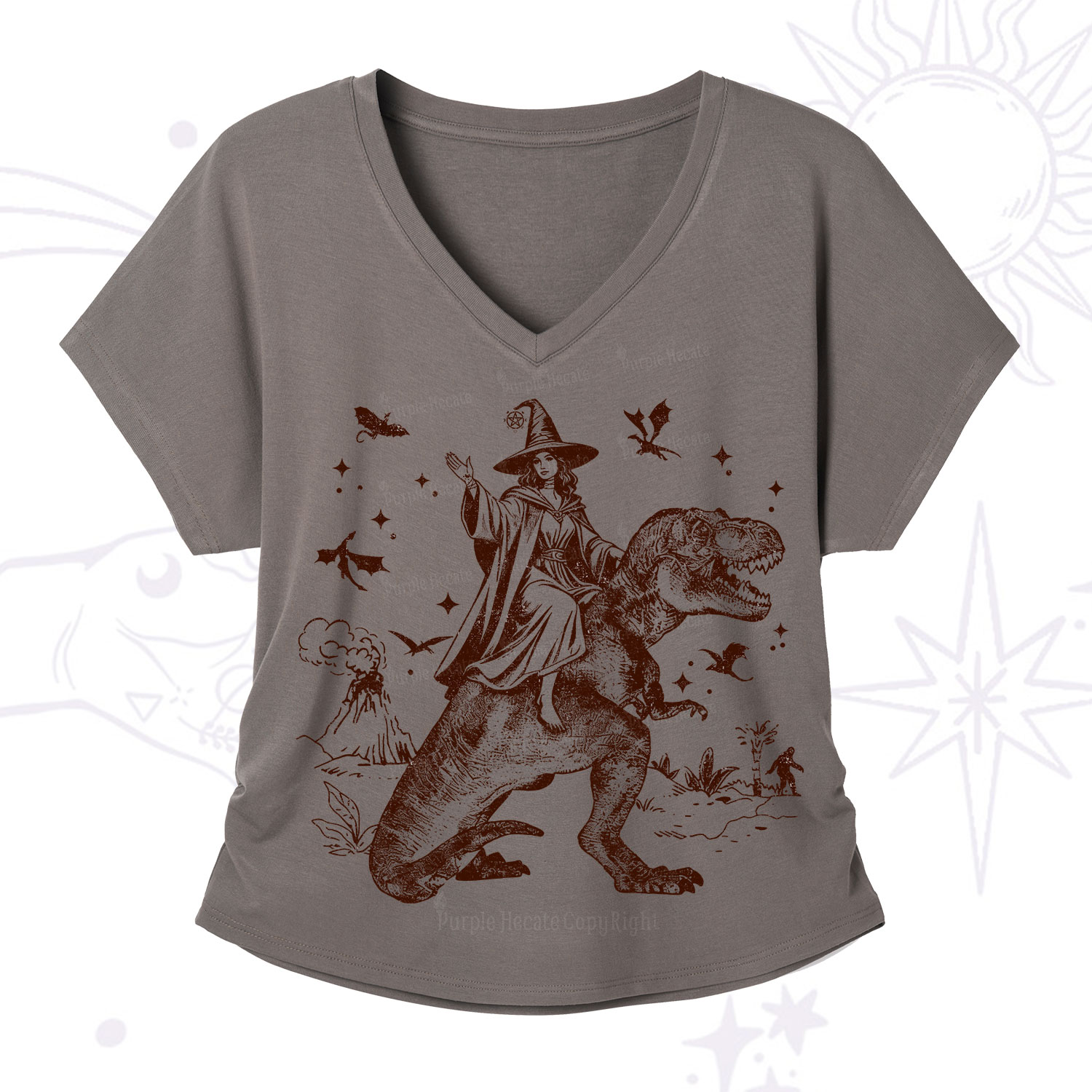 Purplehecate Witch Riding Dino V-Neck T-Shirt