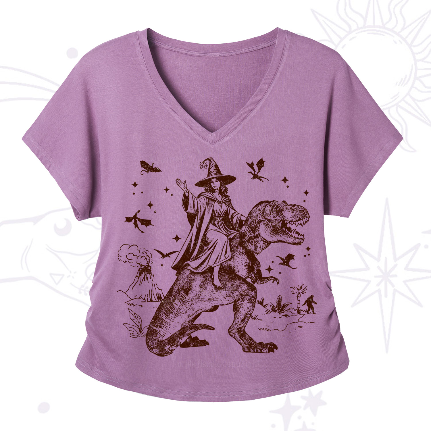 Purplehecate Witch Riding Dino V-Neck T-Shirt