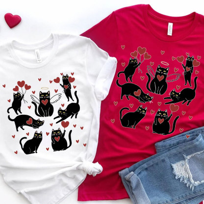 Purplehecate Meowy Valentine's Romantic Cat Valentine Couple T-Shirt