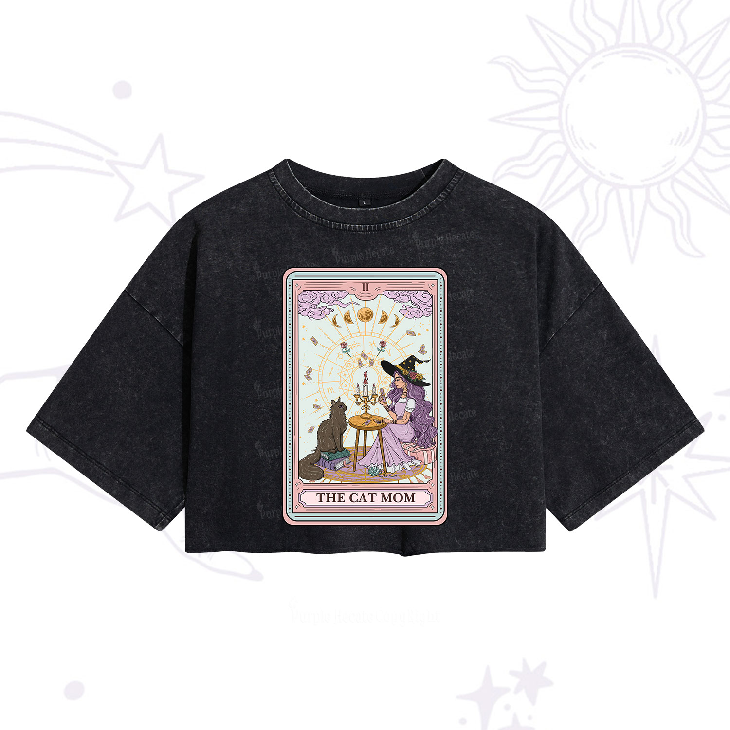 Purplehecate The Cat Witch Mom Tarot Washed Cropped T-Shirt
