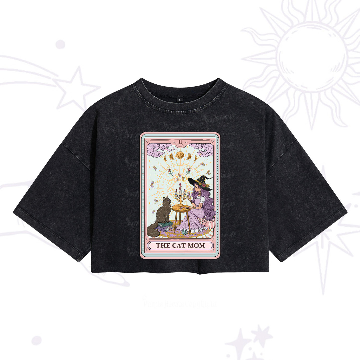Purplehecate The Cat Witch Mom Tarot Washed Cropped T-Shirt