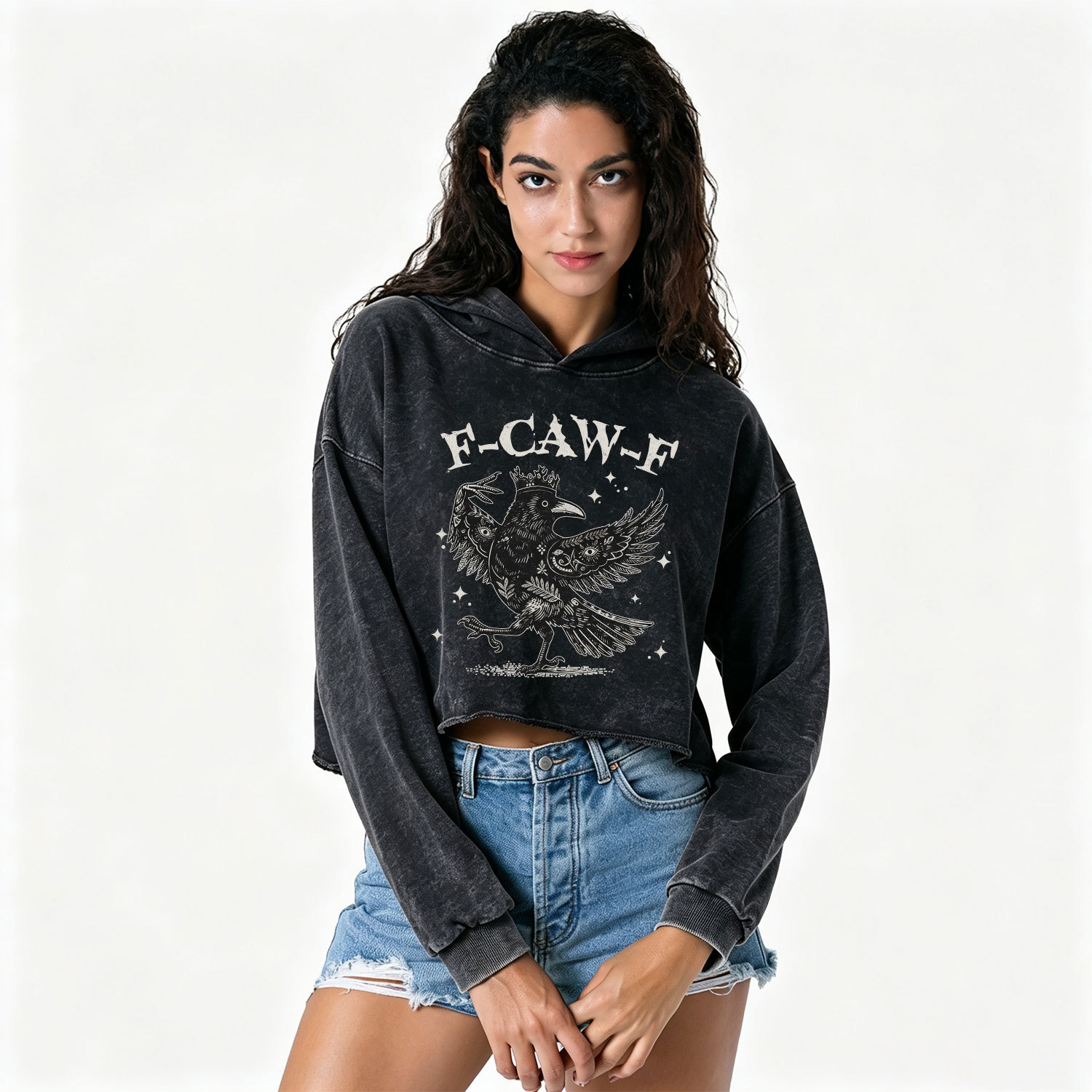 Purplehecate F-caw-f Funny Crow Washed Cropped Hoodie