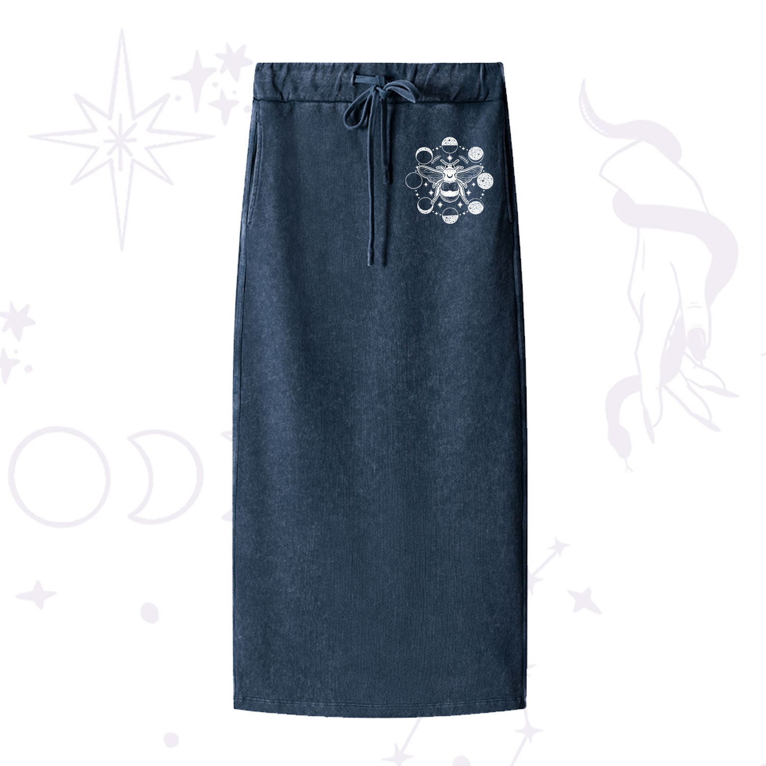 Purplehecate Moon Bee Washed Drawstring Long Skirt