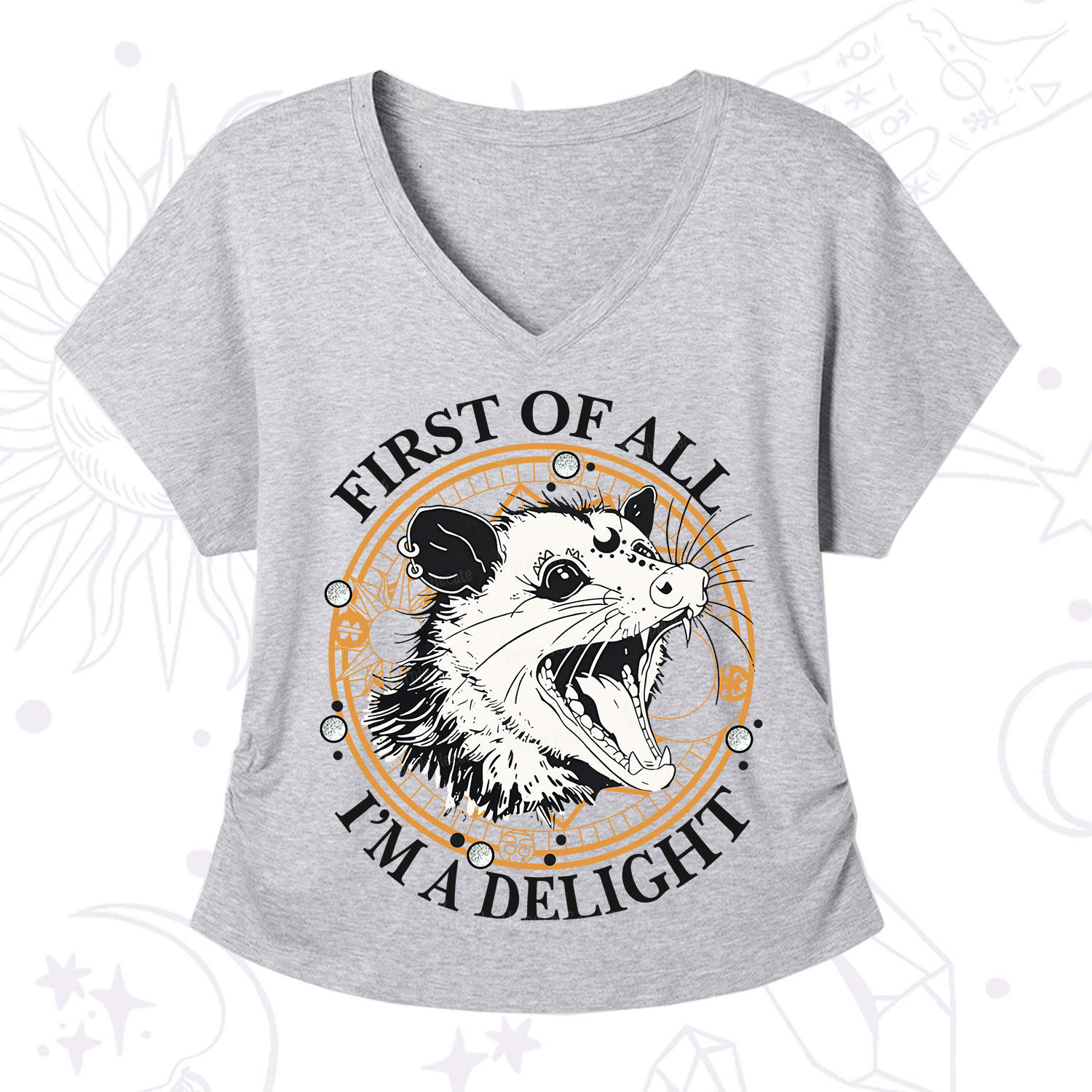 Purplehecate First Of All I Am A Delightful Angry Opossum V-Neck T-Shirt