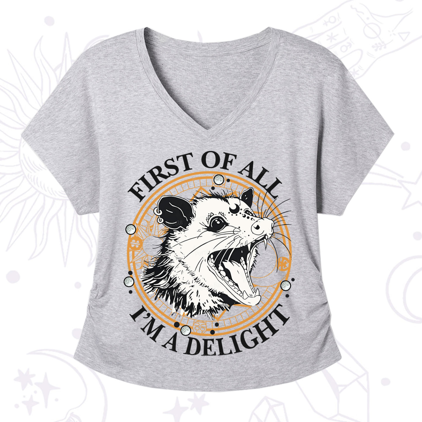 Purplehecate First Of All I Am A Delightful Angry Opossum V-Neck T-Shirt