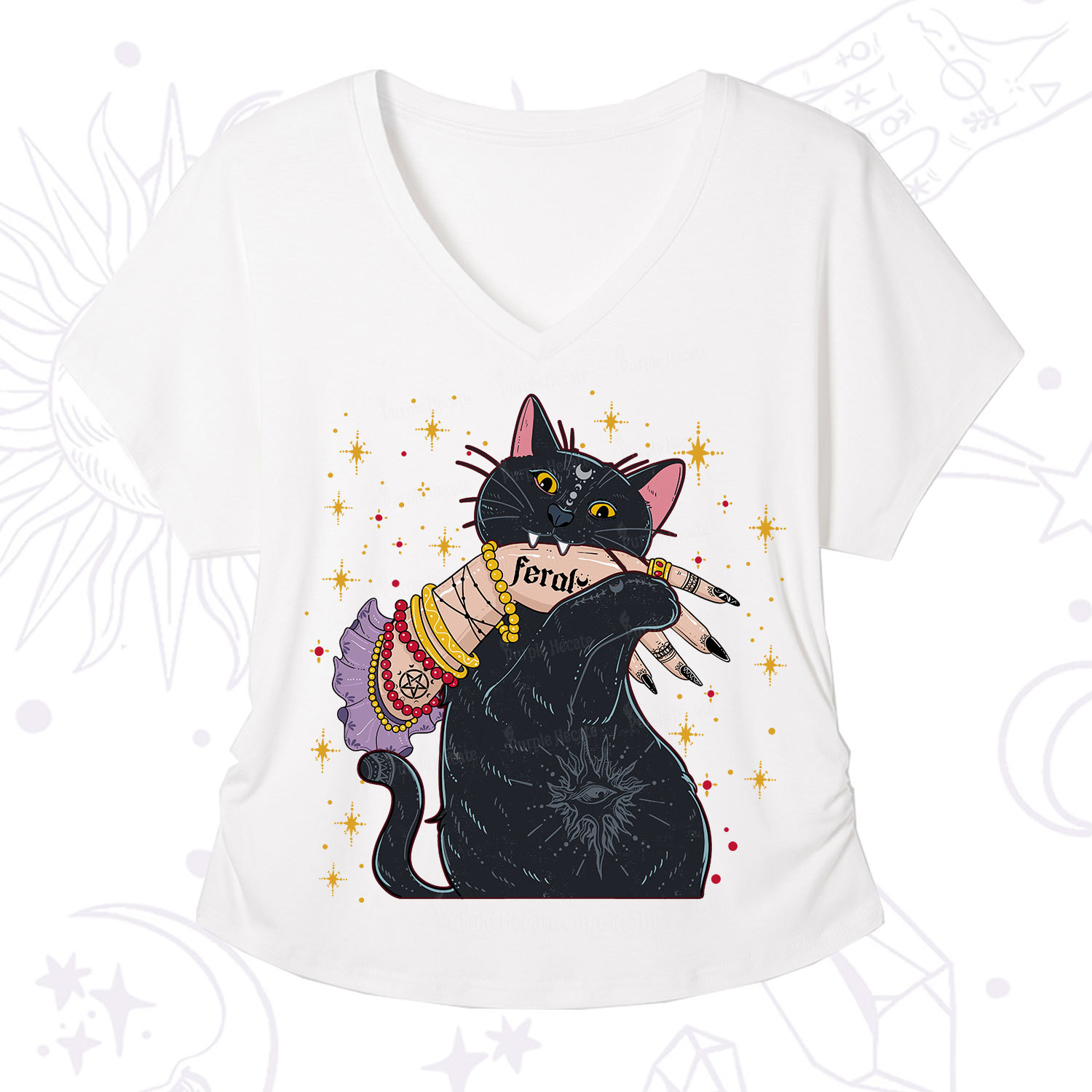 Purplehecate Feral Cat V-Neck T-Shirt