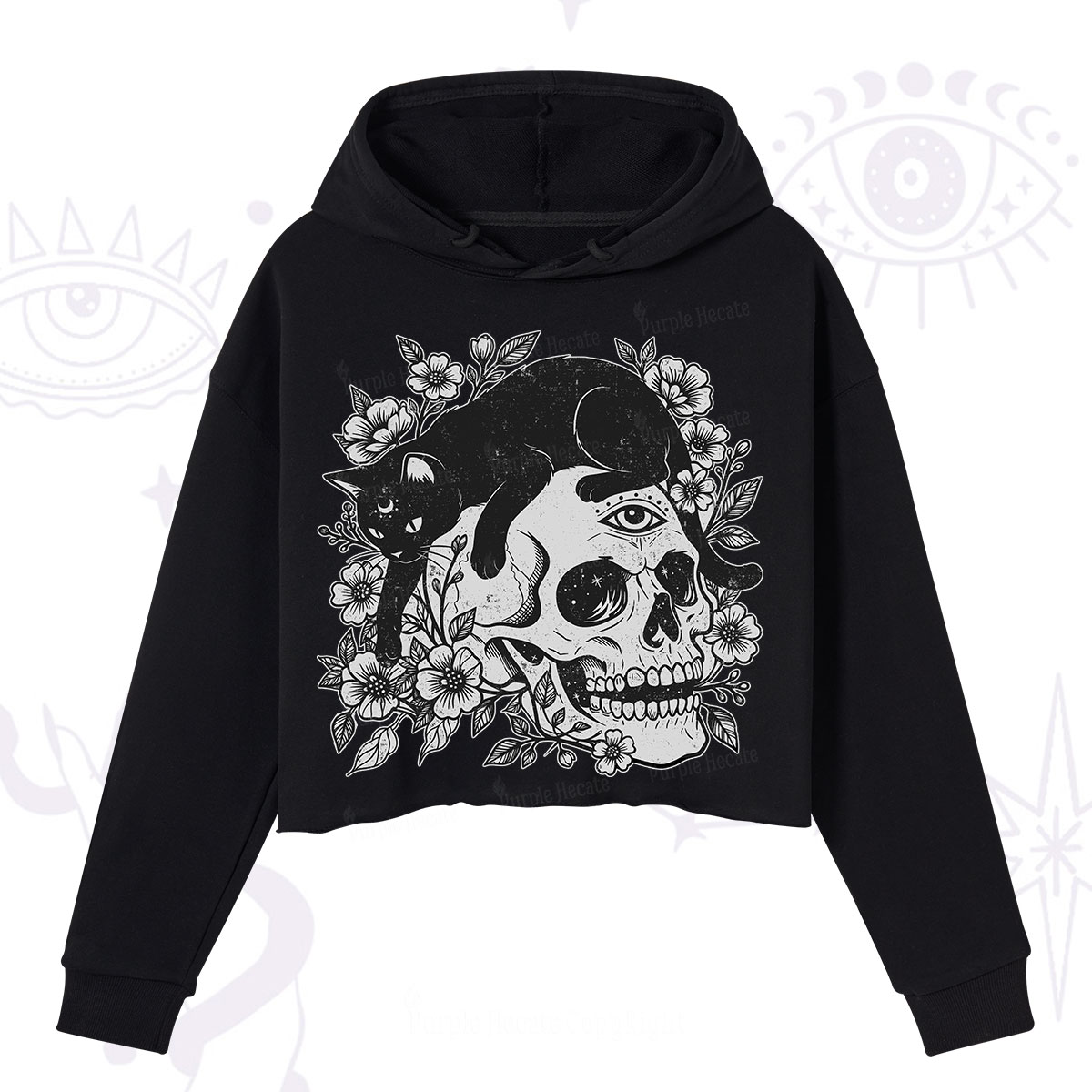 Purplehecate Black Cats In A Skull Crop Hoodie