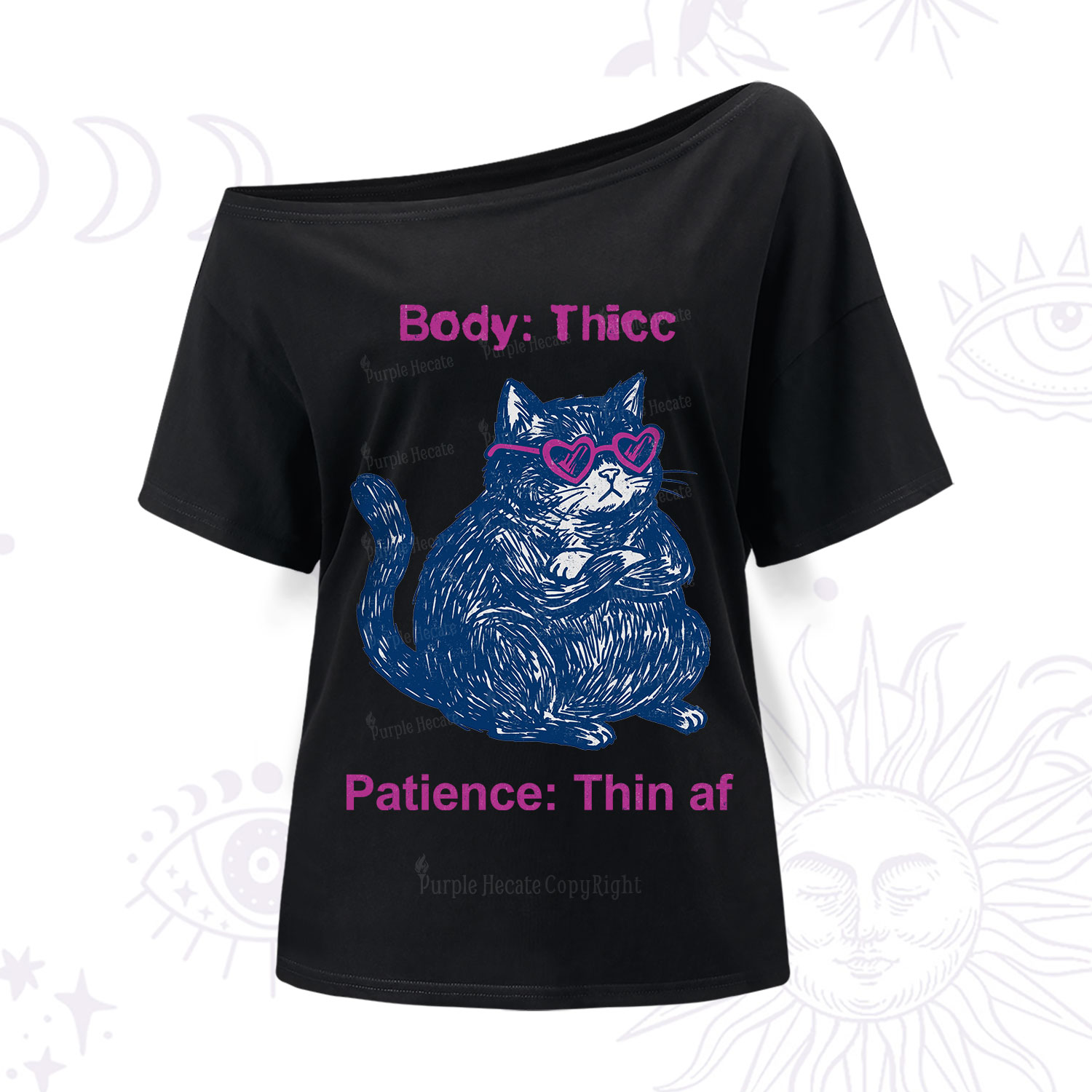 Purplehecate Body Thicc Patience Thin Af Cat One Shoulder T-Shirt
