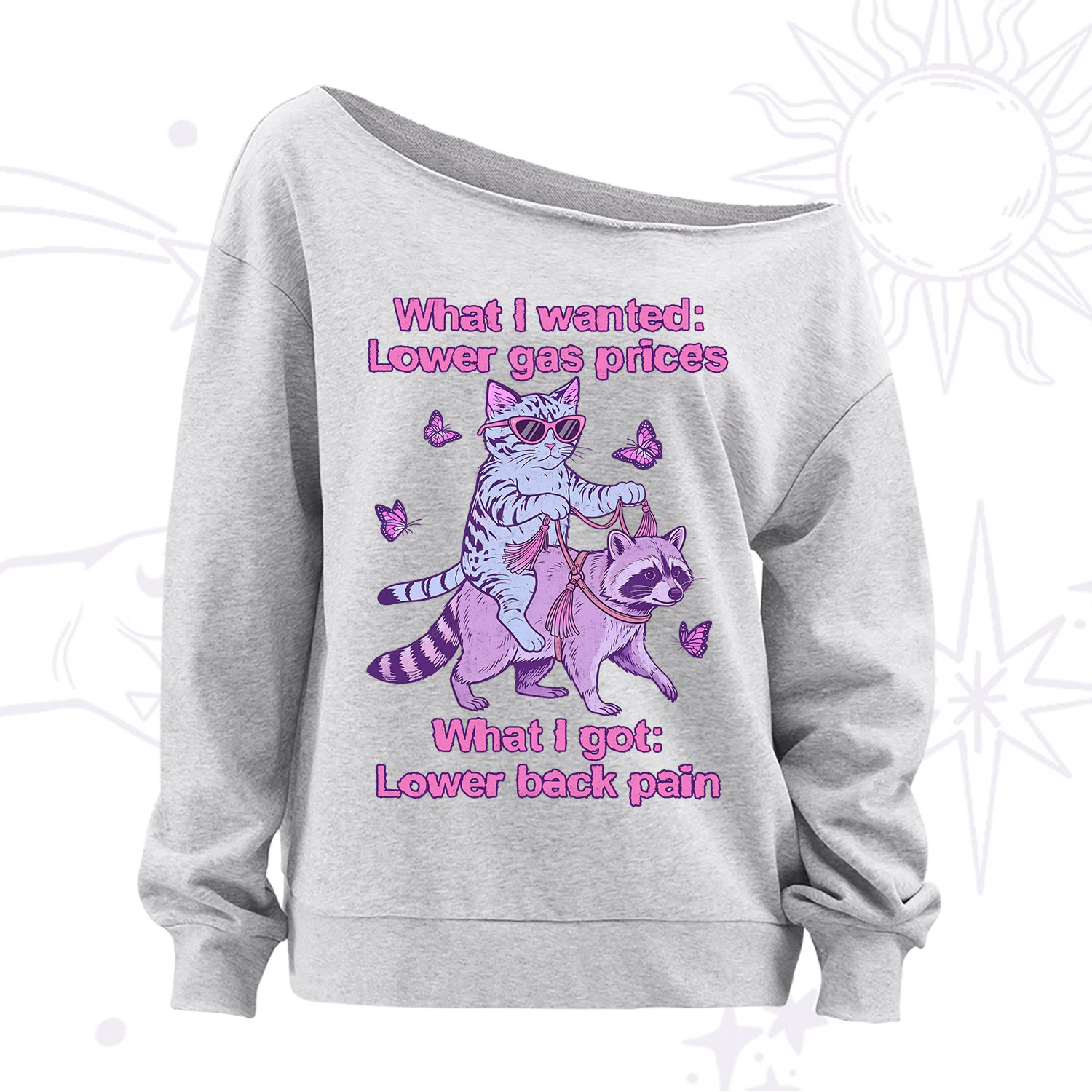 Purplehecate Lower Gas Prices Lower Back Pain Cat Off The Shoulder Sweatshirt