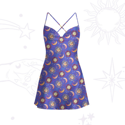 Purplehecate Dancing Suns and Lunar Dreams Satin Cross Back Mini Dress