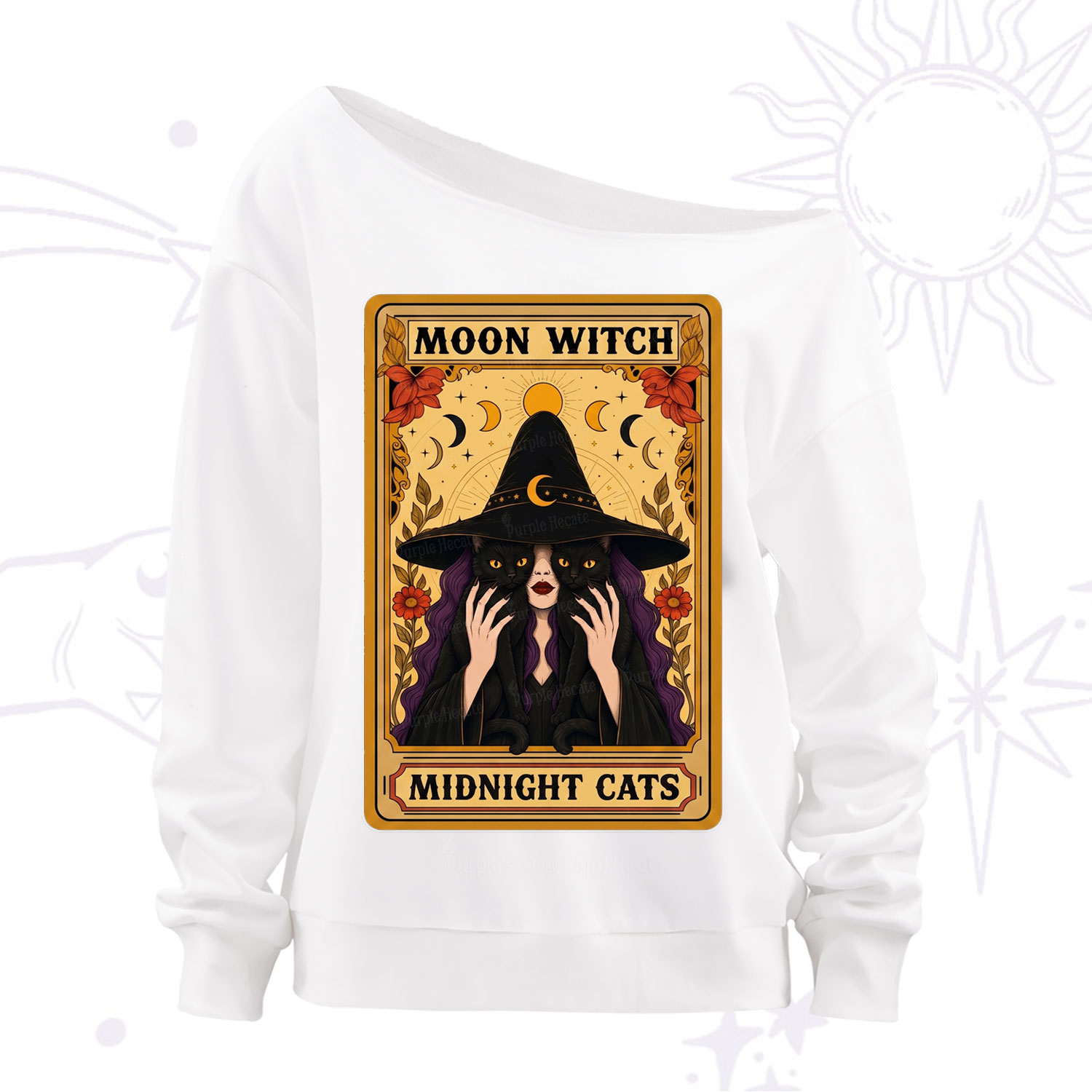 Purplehecate The Moon Witch Midnight Cats Oracle Card Off The Shoulder Sweatshirt