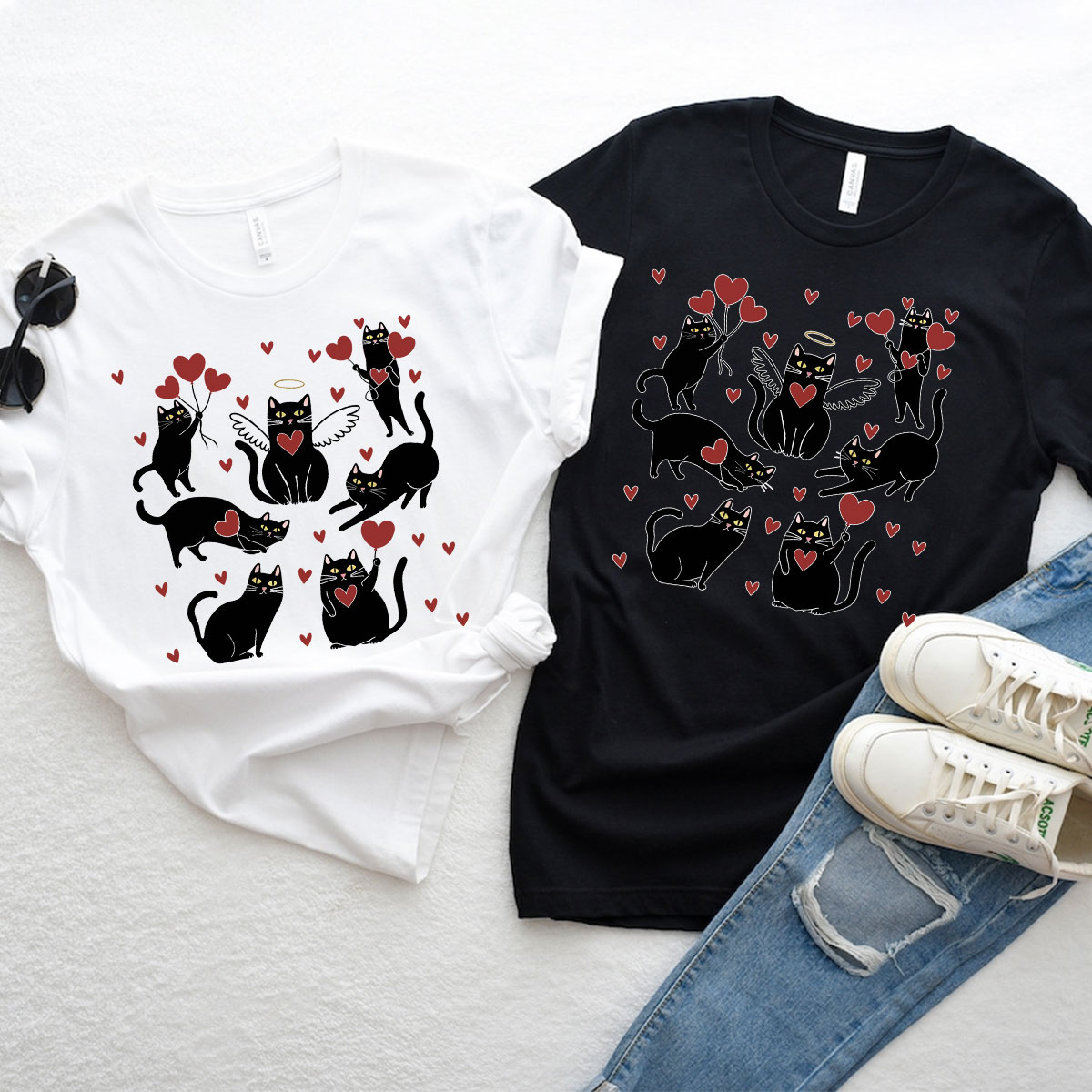 Purplehecate Meowy Valentine's Romantic Cat Valentine Couple T-Shirt