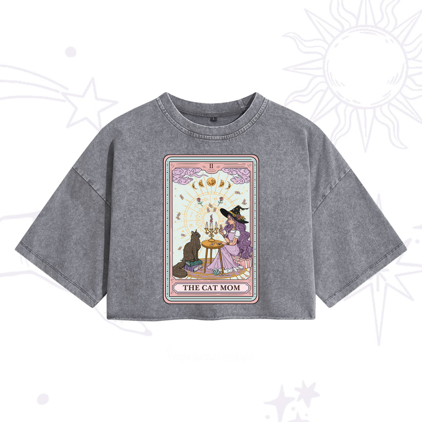 Purplehecate The Cat Witch Mom Tarot Washed Cropped T-Shirt