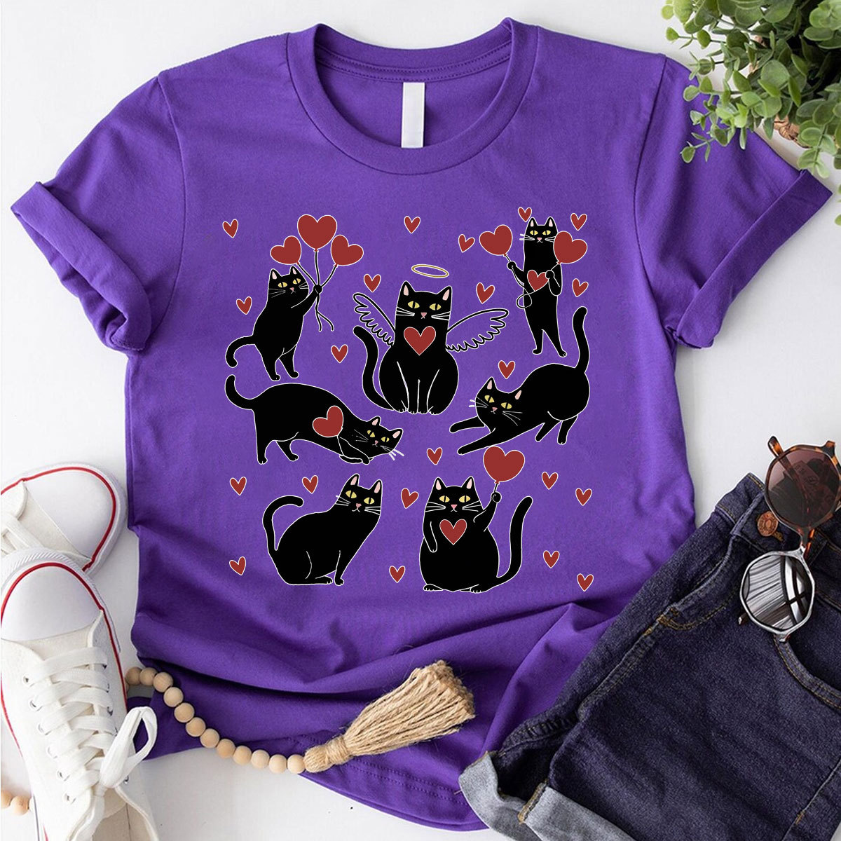 Purplehecate Meowy Valentine's Romantic Cat Valentine Couple T-Shirt