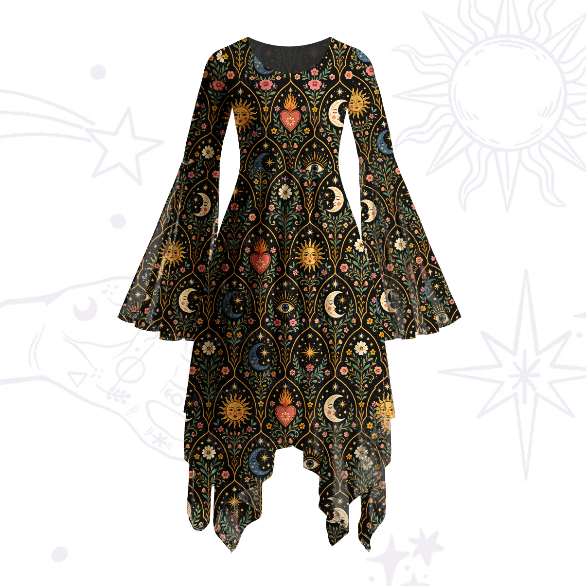 Purplehecate Mystic Sun Moon Hearts Bell Sleeve Dress