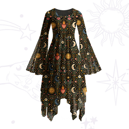 Purplehecate Mystic Sun Moon Hearts Bell Sleeve Dress