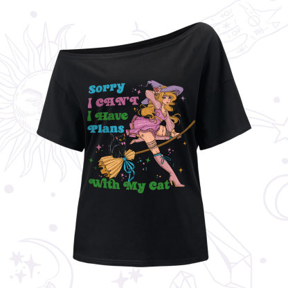 Purplehecate Sorry I Can’t I Have Plans With My Cat One-Shoulder T-Shirt