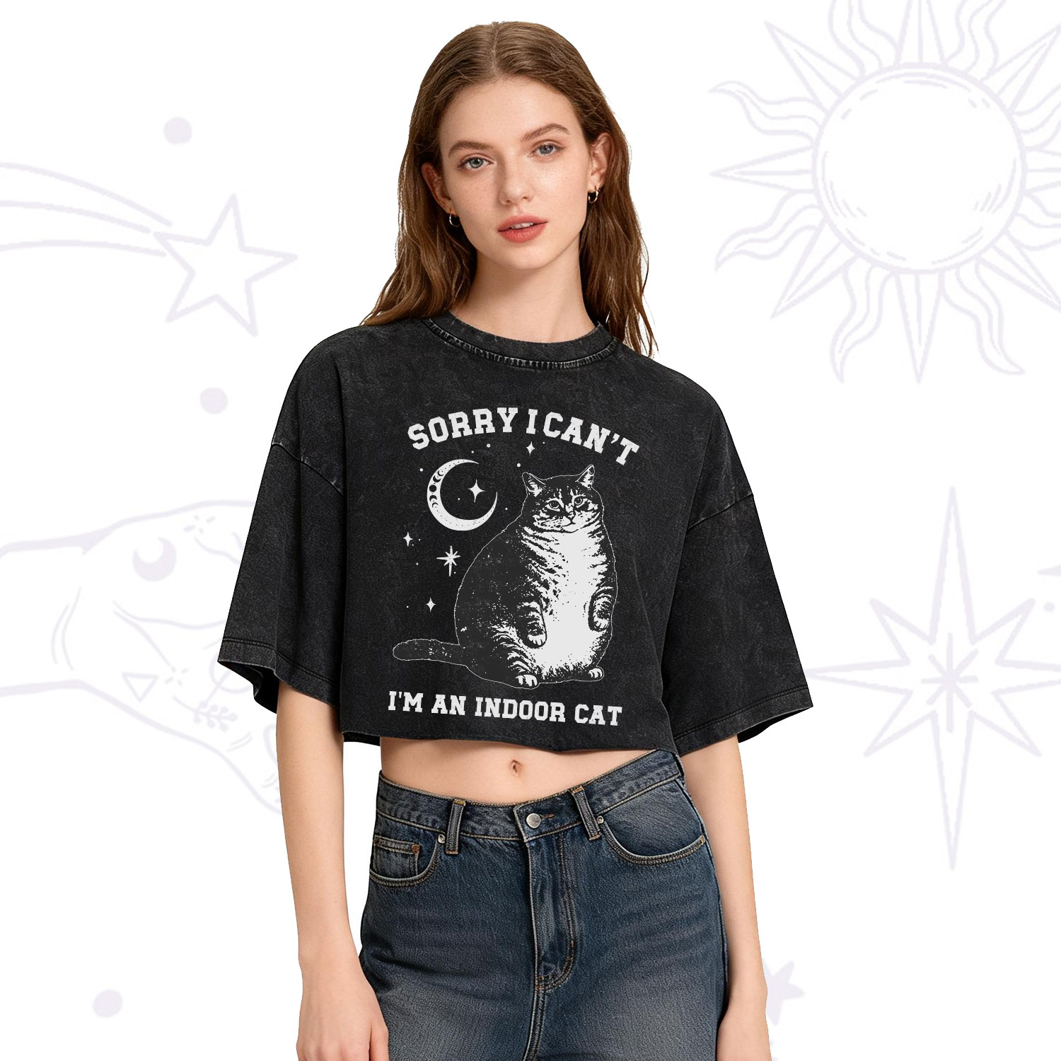 Purplehecate Sorry I Can't Go I'm an Indoor Cat Washed Cropped T-Shirt