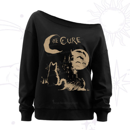 Purplehecate Goth Moon Cat Post-Punk Off The Shoulder Sweatshirt