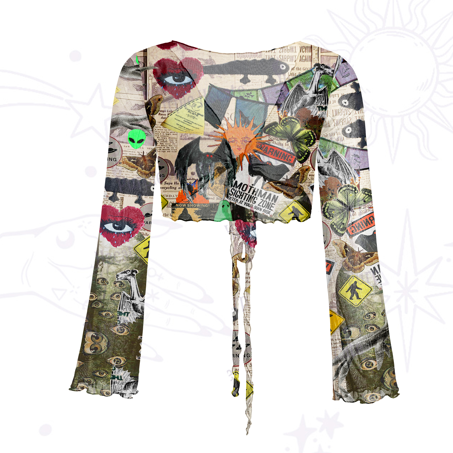 Purplehecate Cryptid Warning Collage Mesh Tie Front Top