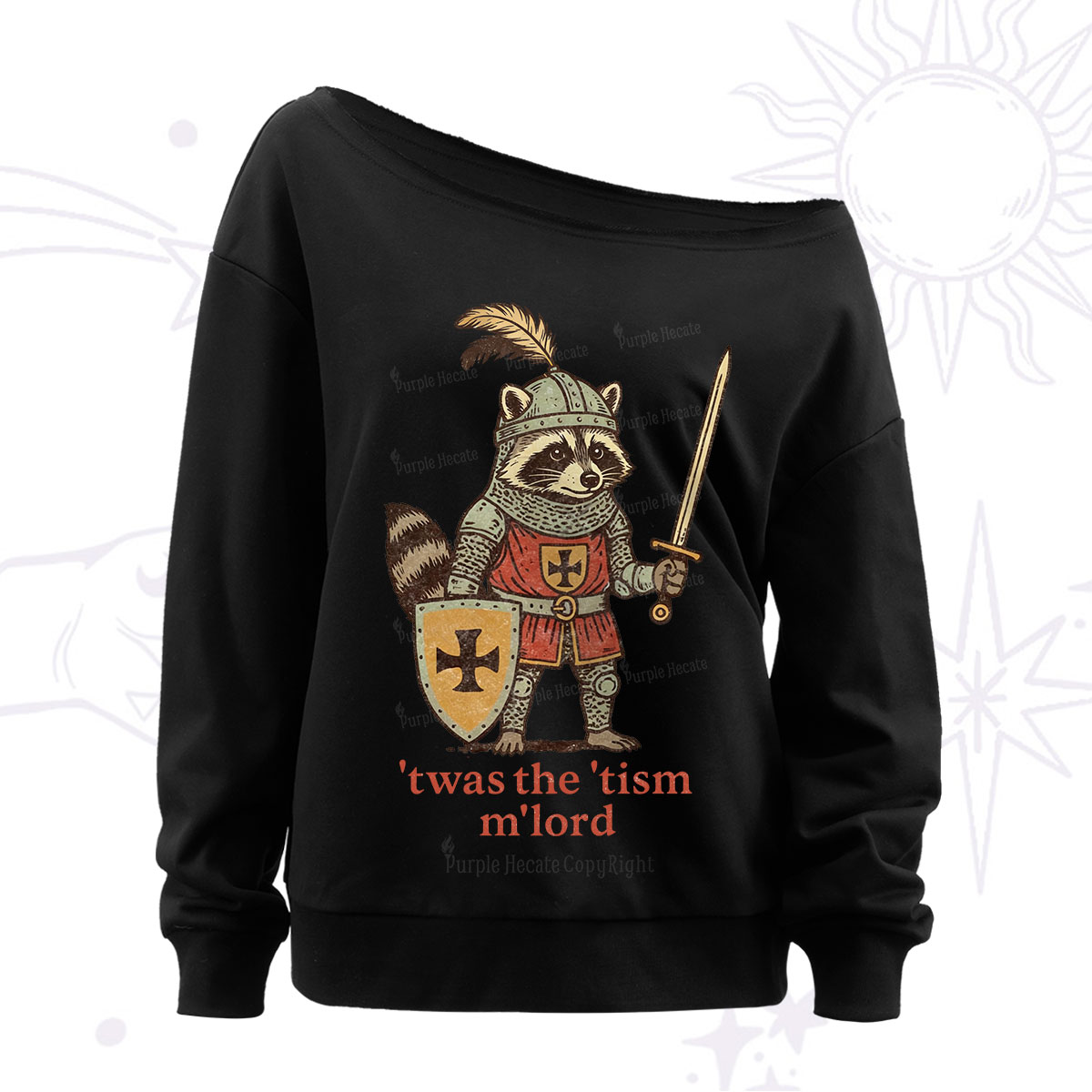 Purplehecate Raccoon Knight 'Twas The Tism M'Lord Off The Shoulder Sweatshirt
