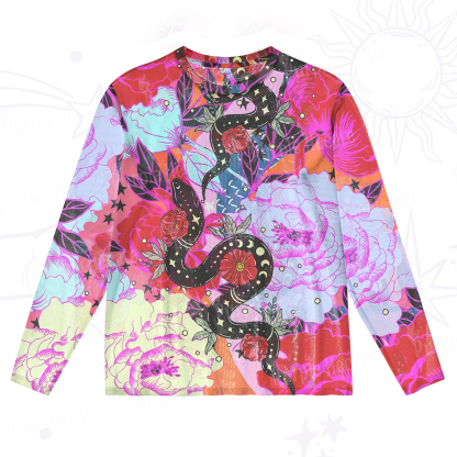 Purplehecate Enchanted Black Serpent & Floral Pattern Mesh Long Sleeve Top