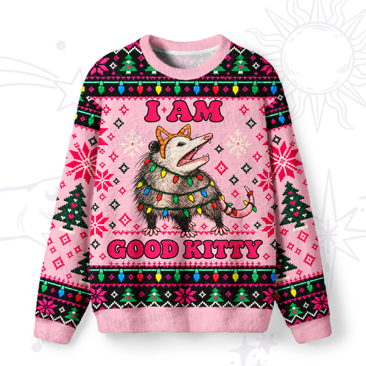 Purplehecate I Am Good Kitty Funny Possum Christmas Fuzzy Ugly Sweatshirt