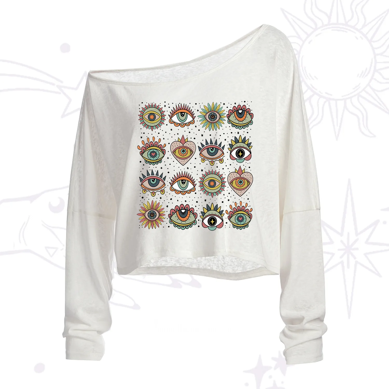 Purplehecate Mystical Evil Eye Pattern One Shoulder Crop Shirt