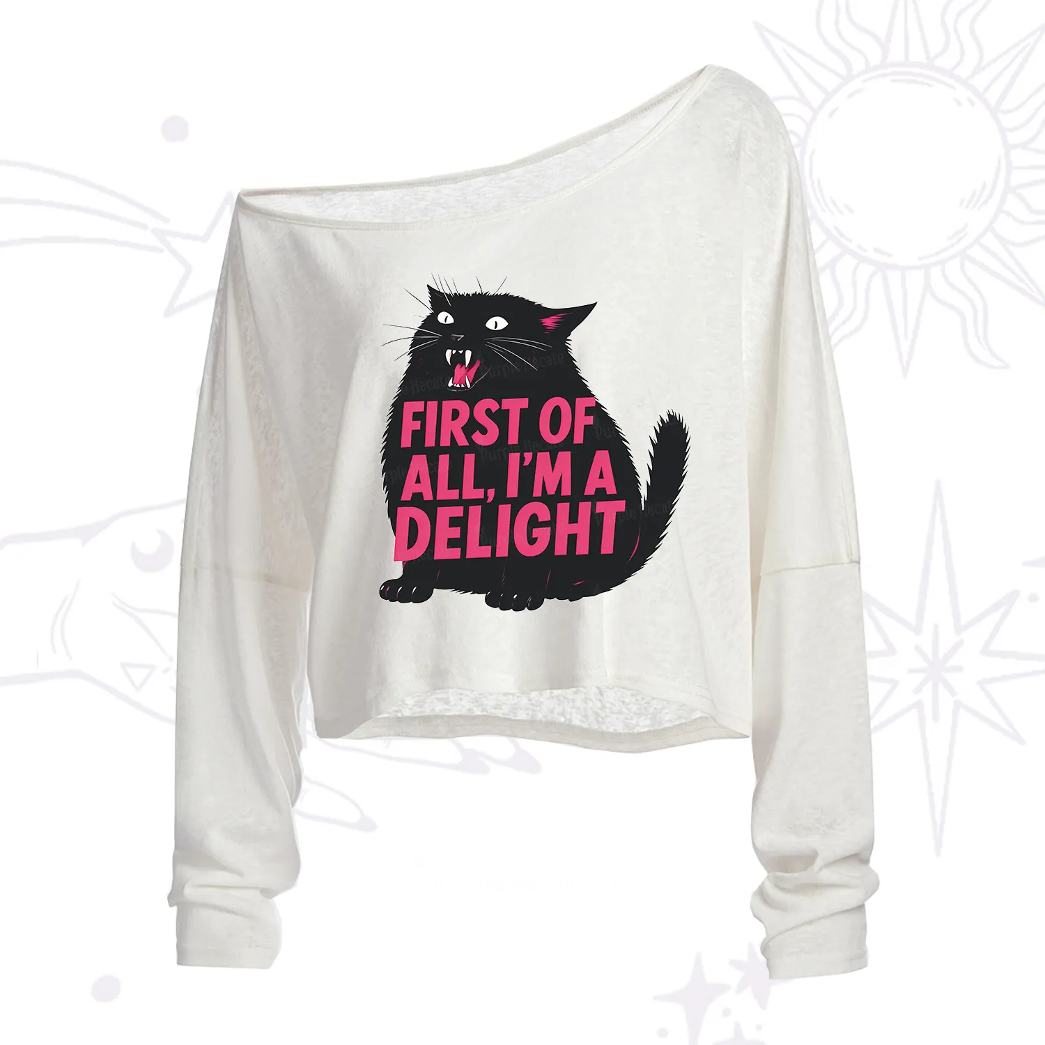 Purplehecate First Of All I'm A Delight Cat One Shoulder Crop Shirt