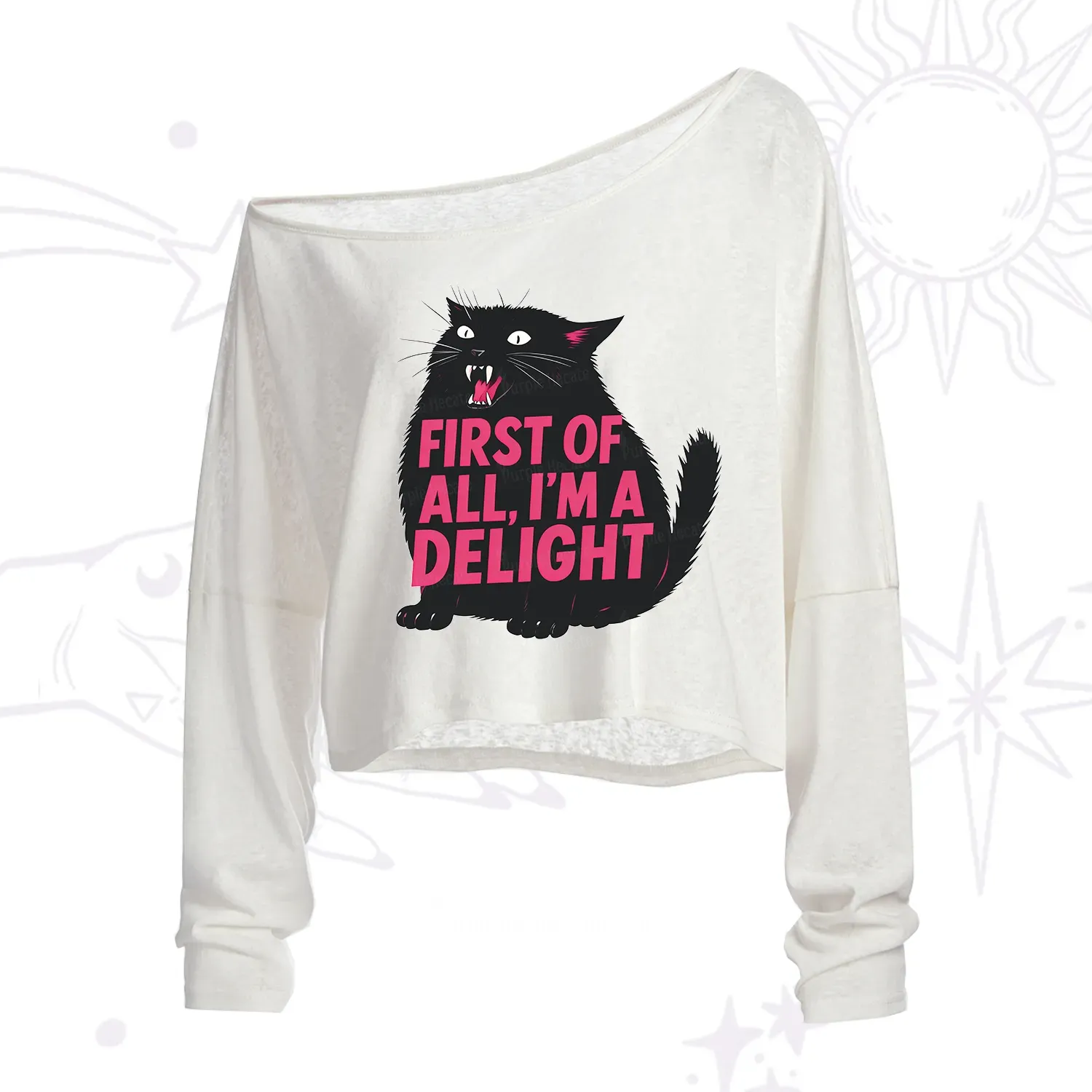 Purplehecate First Of All I'm A Delight Cat One Shoulder Crop Shirt