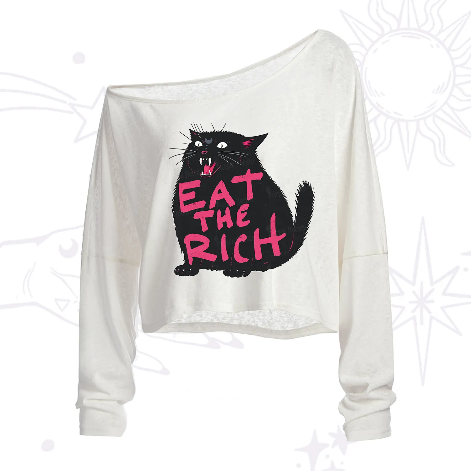 Purplehecate Eat The Rich Cat One Shoulder Crop Shirt