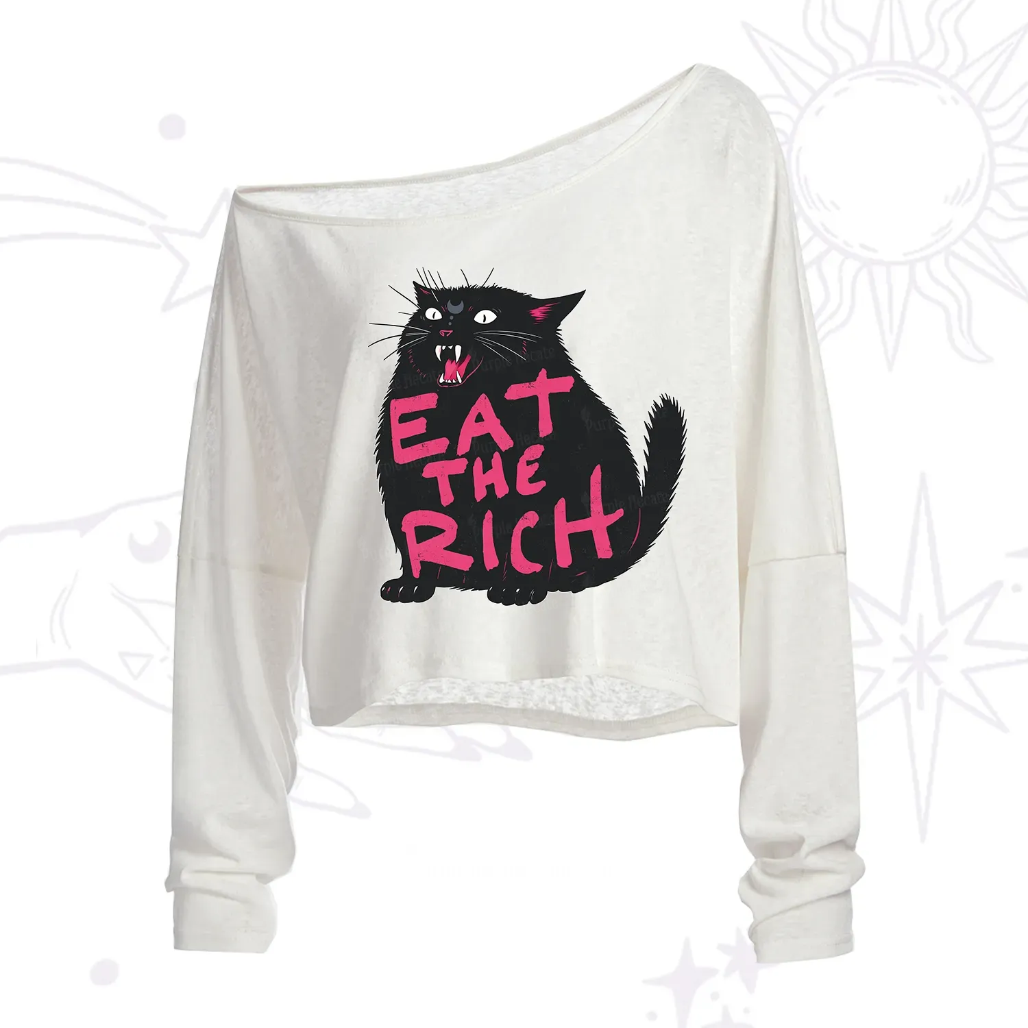 Purplehecate Eat The Rich Cat One Shoulder Crop Shirt