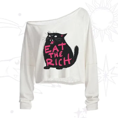 Purplehecate Eat The Rich Cat One Shoulder Crop Shirt