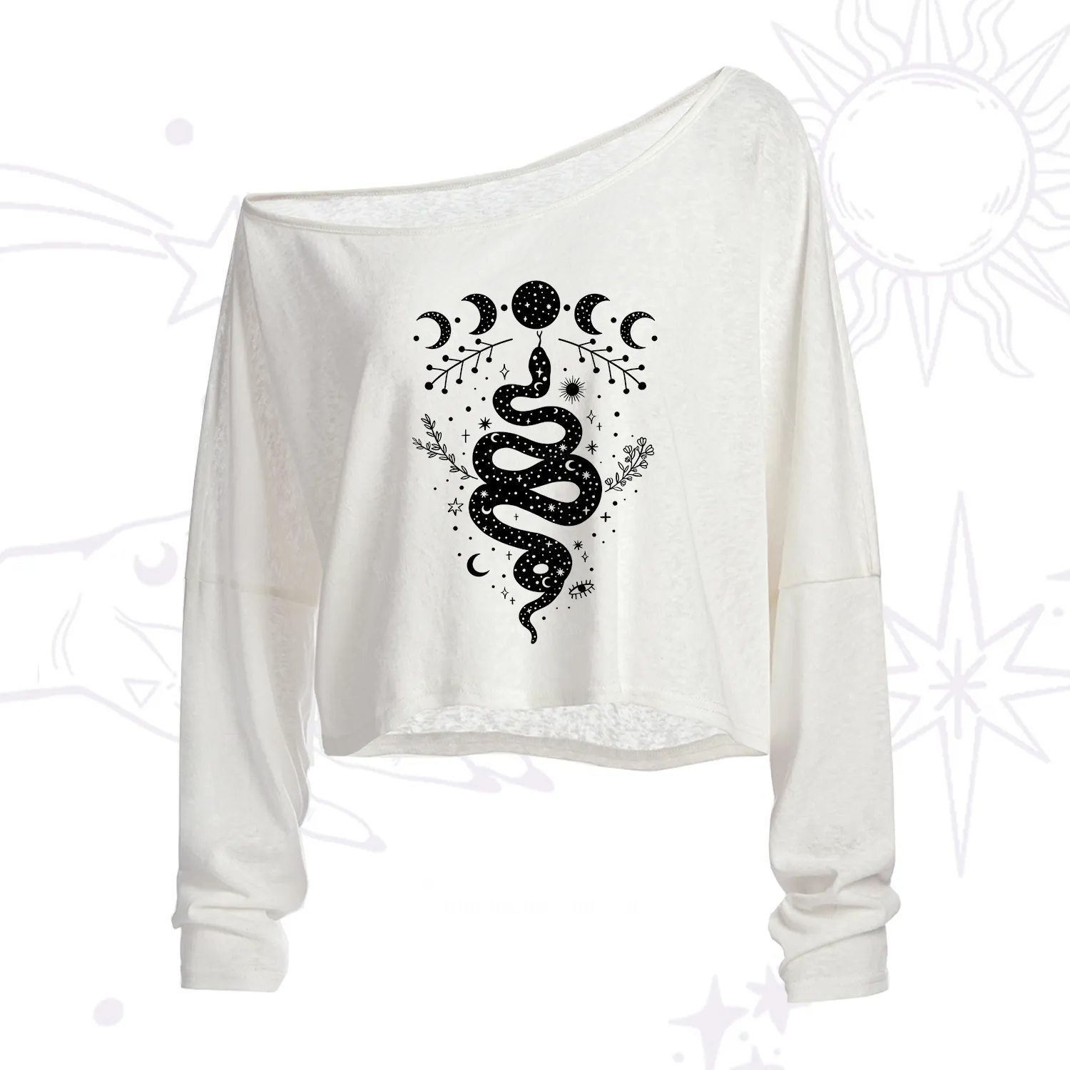 Purplehecate Snake And Moon Phase Comfort One Shoulder Crop Shirt
