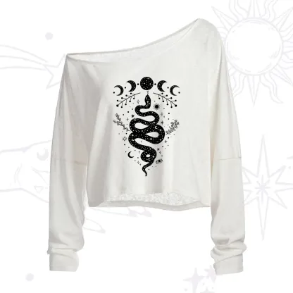 Purplehecate Snake And Moon Phase Comfort One Shoulder Crop Shirt