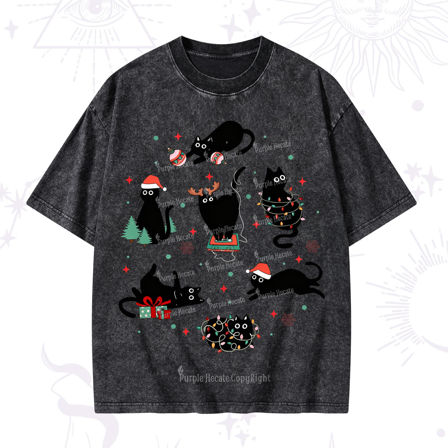 Purplehecate Christmas Cat Mom Holiday Washed T-Shirt