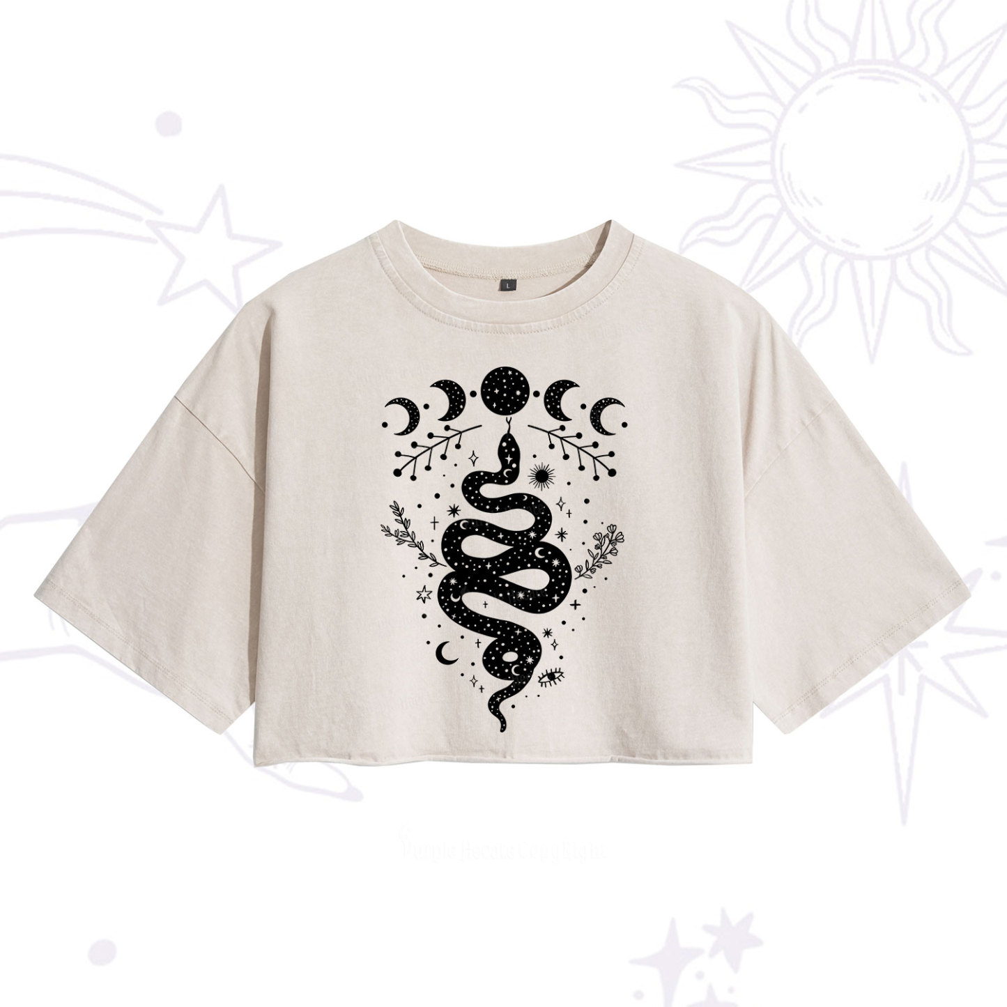 Purplehecate Snake And Moon Phase Comfort Washed Cropped T-Shirt