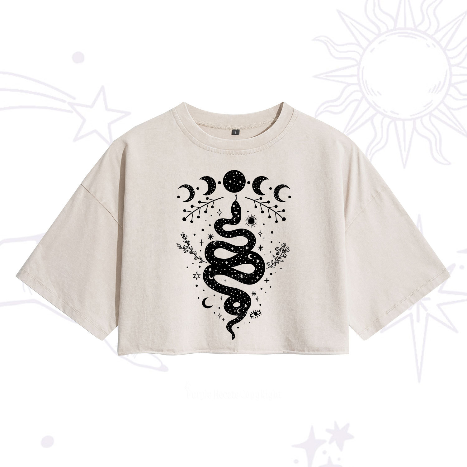 Purplehecate Snake And Moon Phase Comfort Washed Cropped T-Shirt