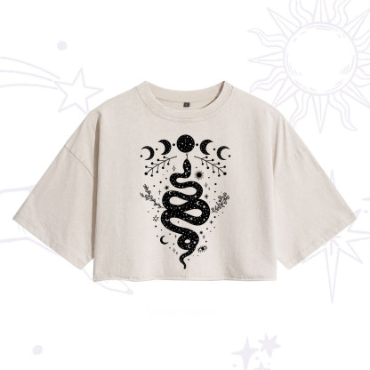 Purplehecate Snake And Moon Phase Comfort Washed Cropped T-Shirt
