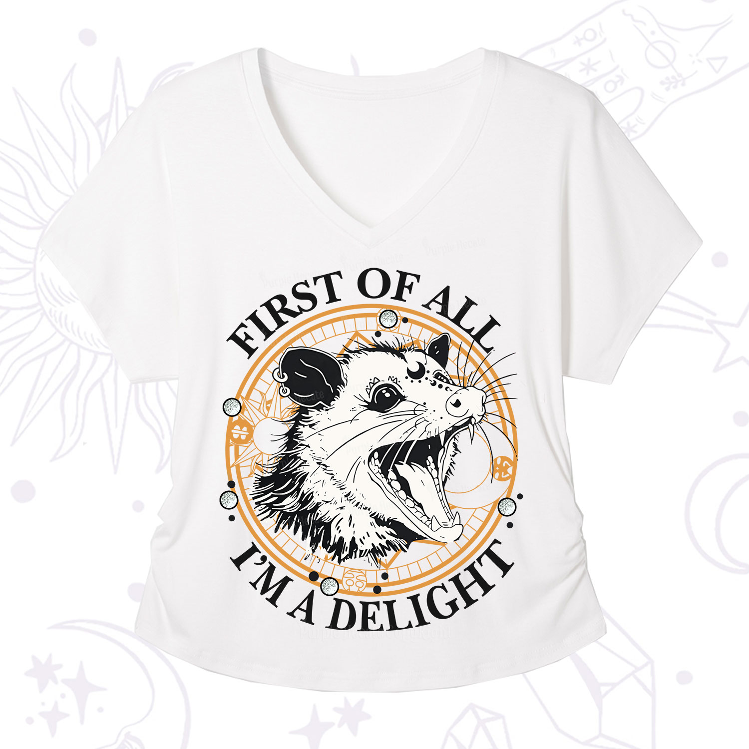 Purplehecate First Of All I Am A Delightful Angry Opossum V-Neck T-Shirt