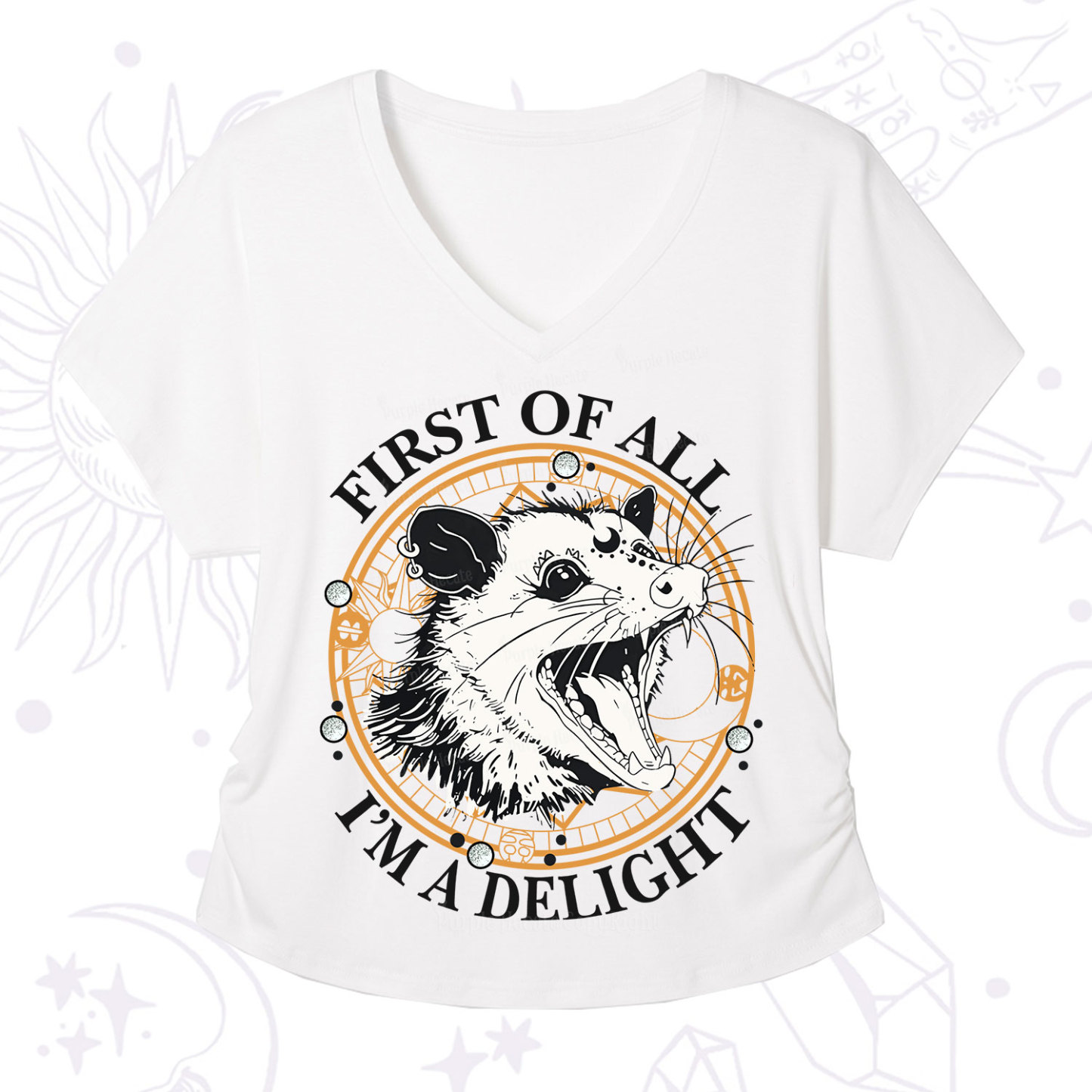 Purplehecate First Of All I Am A Delightful Angry Opossum V-Neck T-Shirt