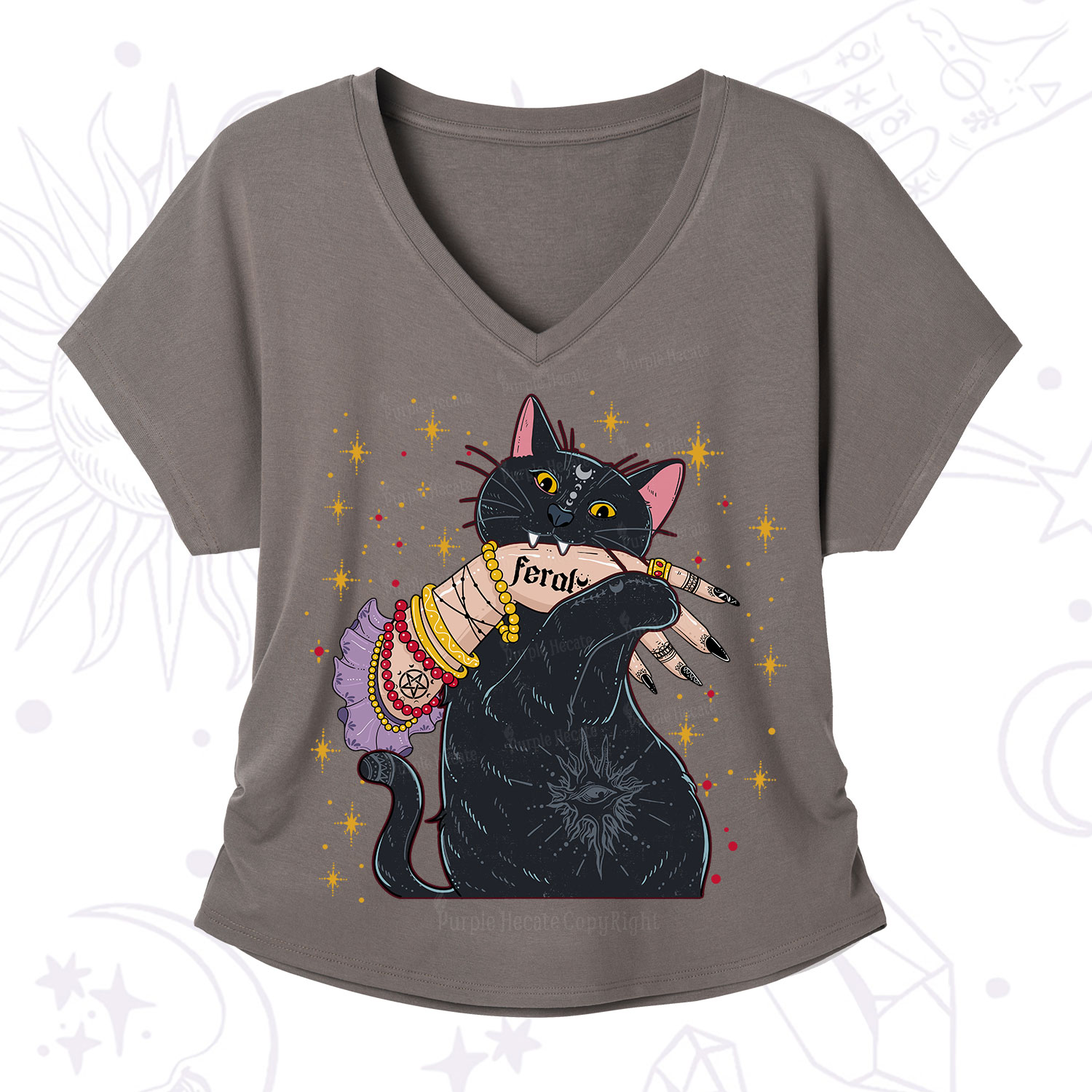Purplehecate Feral Cat V-Neck T-Shirt