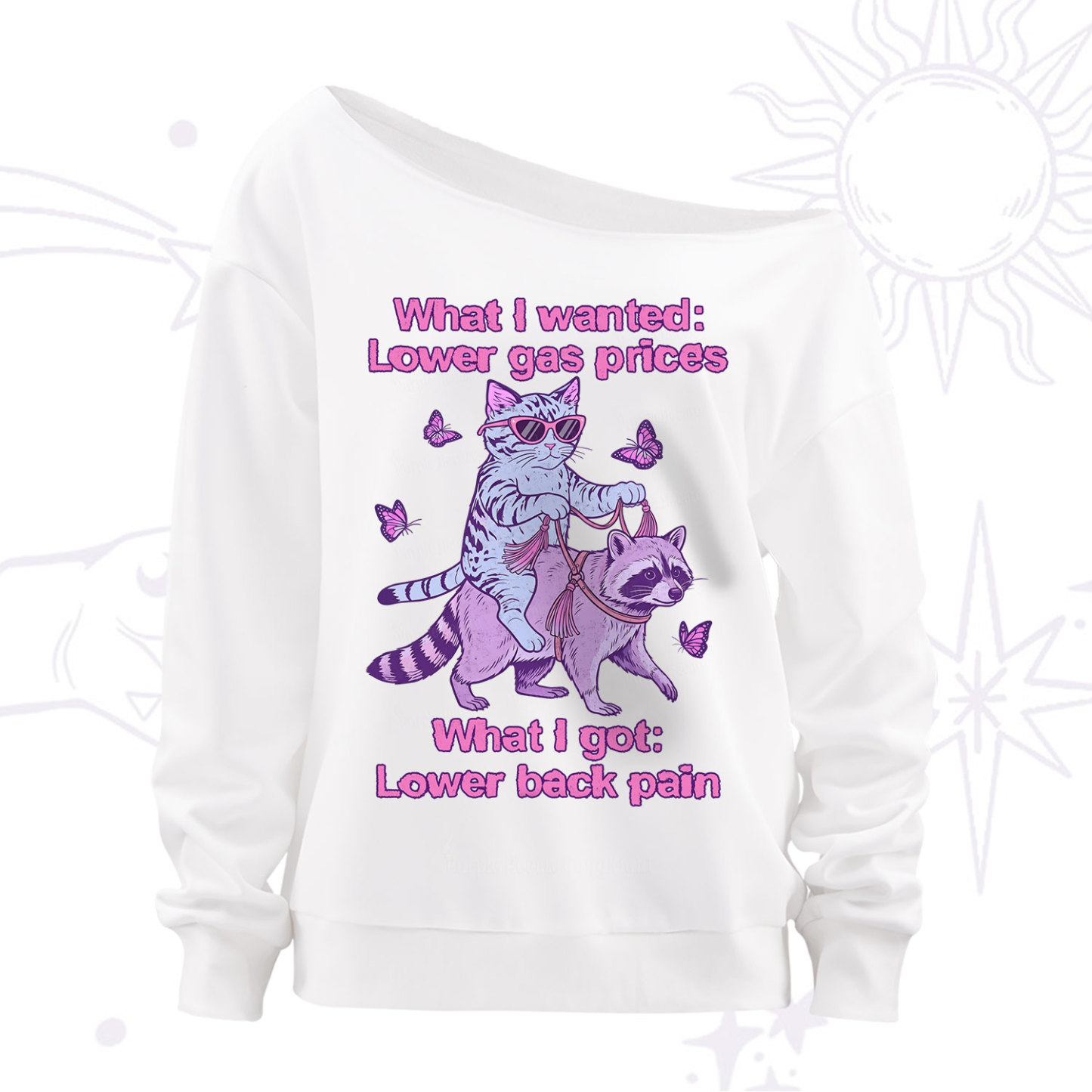Purplehecate Lower Gas Prices Lower Back Pain Cat Off The Shoulder Sweatshirt
